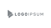 A grayscale abstract triangular logo with vertical lines to the left of the text "LOGO IPSUM" on a light gray background.