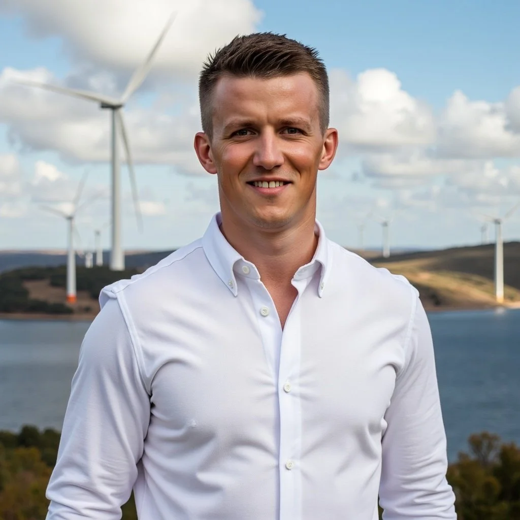 Person smiling in a white shirt with wind turbines and a lake in the background, representing the dedicated team at Atlanta Pack and Load, emphasizing their commitment to community and reliable moving services.