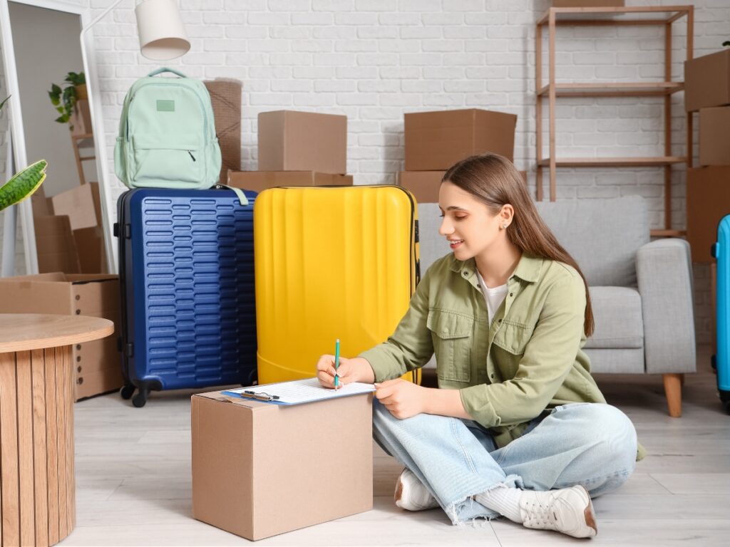Young woman sitting on the floor writing a checklist on a cardboard box, surrounded by moving supplies including suitcases and packing boxes, in a bright, organized room.