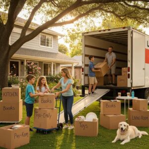 Family packing belongings into a moving truck, emphasizing the importance of moving insurance for a stress-free relocation, with labeled boxes and a dog in the yard.