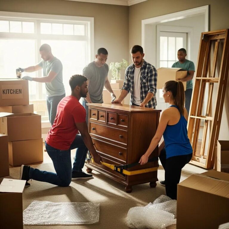 DIY movers using safe lifting techniques to move heavy furniture