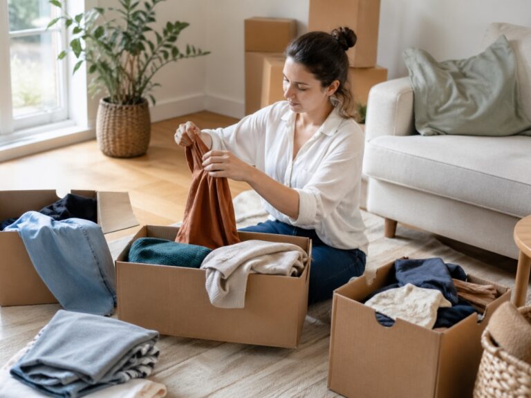 A woman sits on the floor in a living room, folding clothes and placing them into cardboard boxes as part of her decluttering guide, with more boxes and a plant visible in the background.