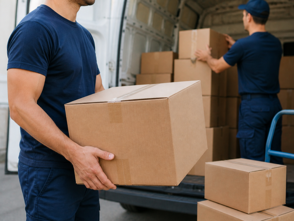 Two workers in blue uniforms load cardboard boxes into a delivery van, carefully following packing tips for fragile items to ensure safe transport.