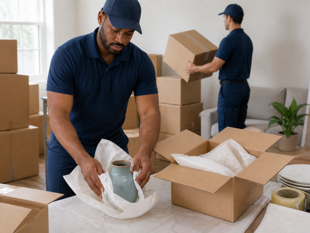Two movers in blue uniforms pack household items into cardboard boxes, with one carefully wrapping a ceramic vase in paper, showcasing smart packing tips for fragile items.