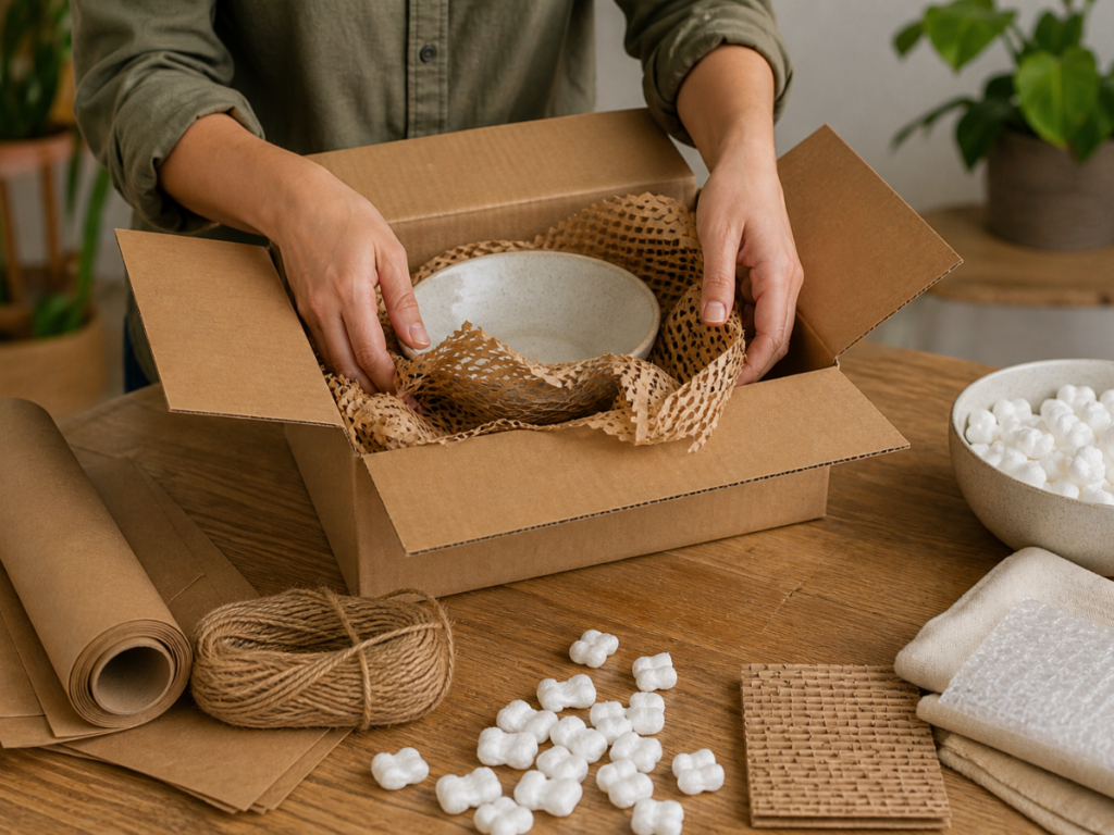 A person follows packing tips, placing protective wrap around a ceramic bowl inside an open cardboard box, with supplies for fragile items arranged on a wooden table.