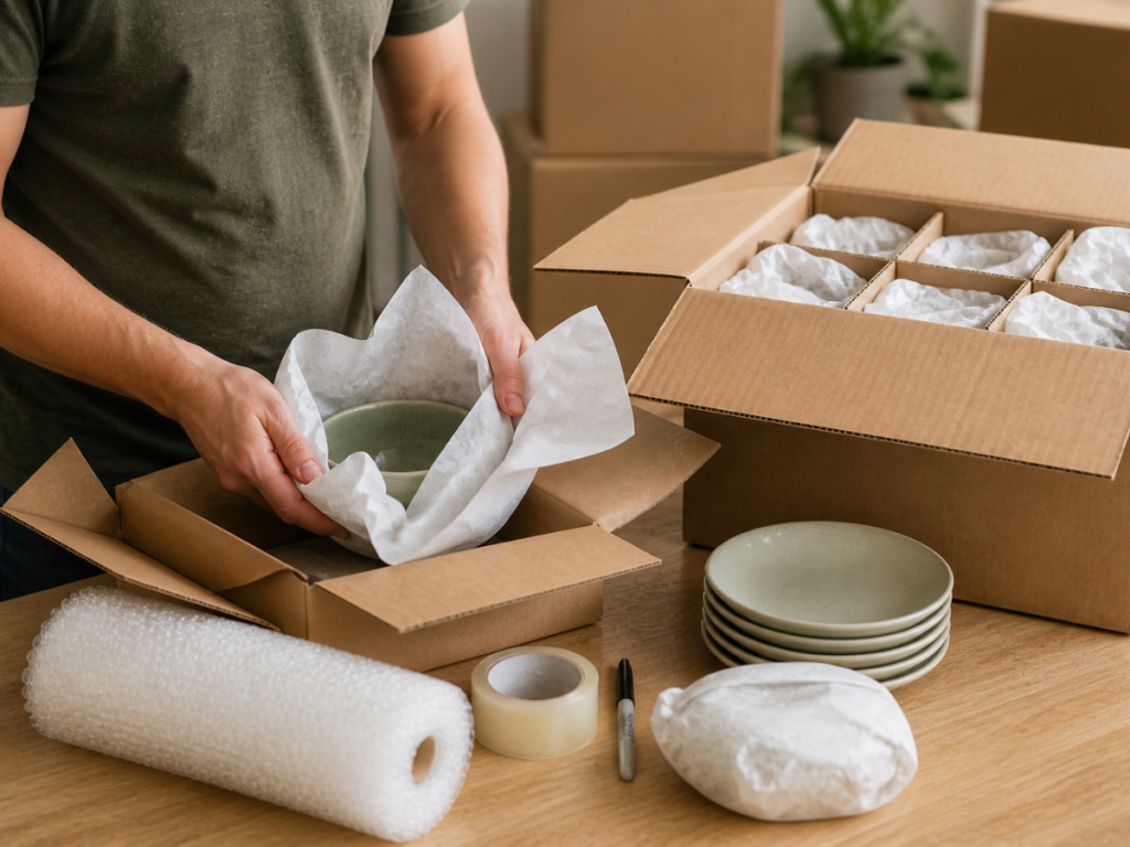 A person uses packing tips for fragile items, wrapping a ceramic plate in tissue paper and placing it in a cardboard box amid plates, tape, bubble wrap, and a marker on the table.