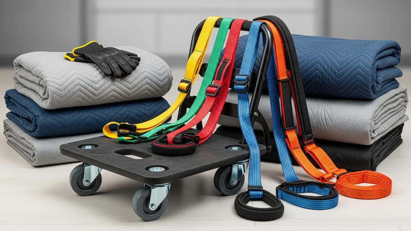 Essential piano moving equipment including a dolly, lifting straps, and moving blankets