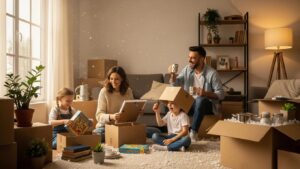 Family unpacking boxes in a cozy living room, illustrating the excitement of moving into a new home