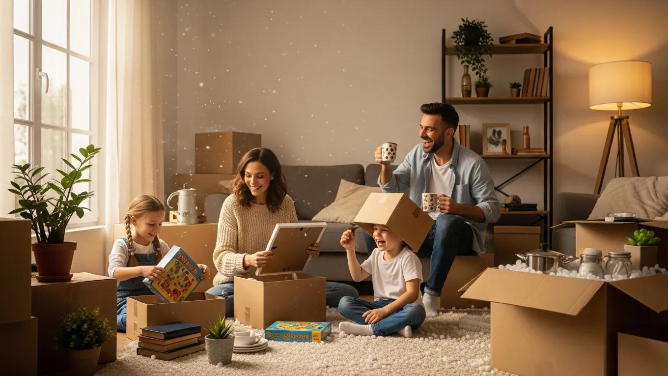 Family unpacking boxes in a cozy living room, illustrating the excitement of moving into a new home