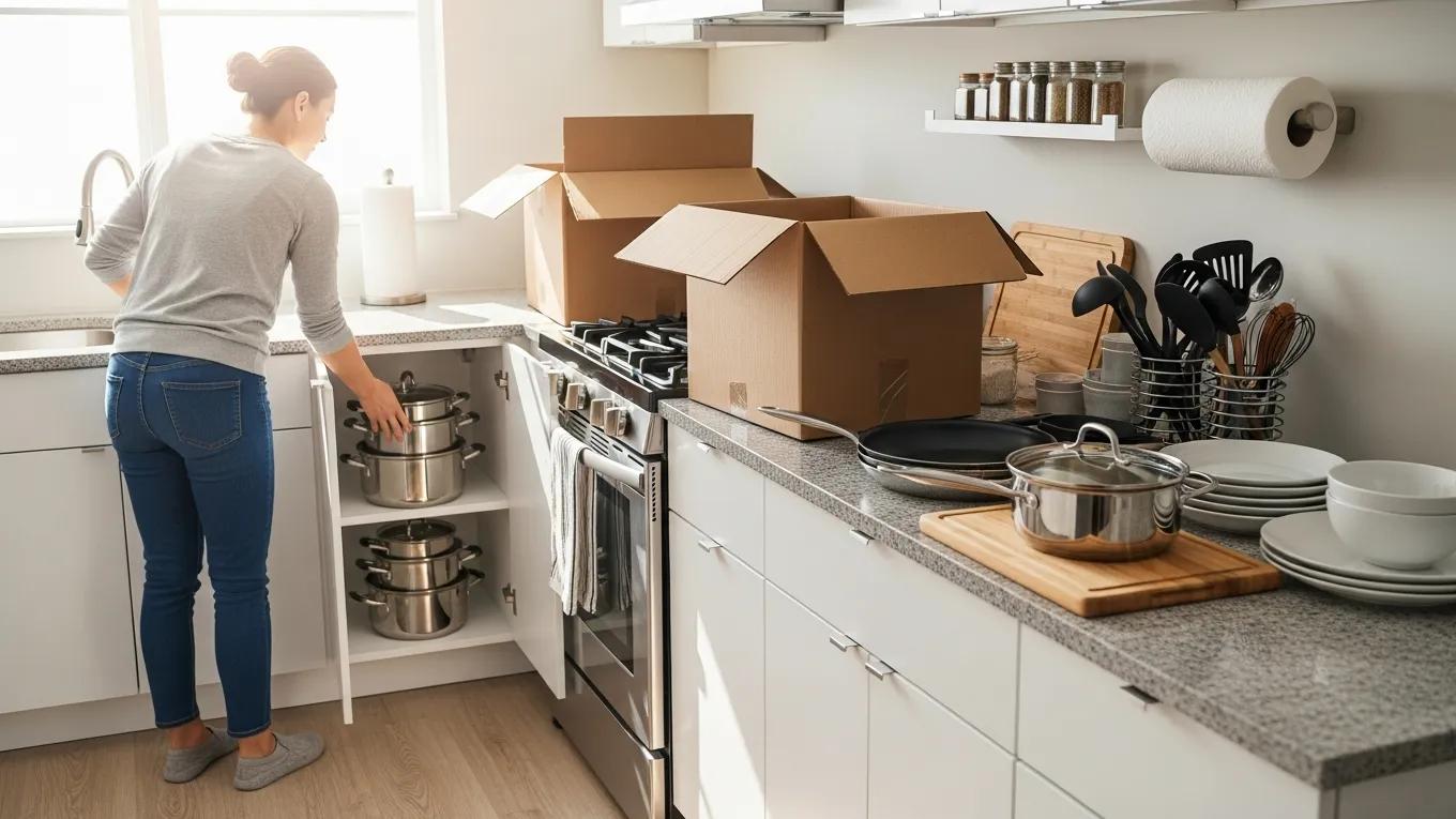Organized kitchen with unpacked boxes and essential kitchen items being arranged