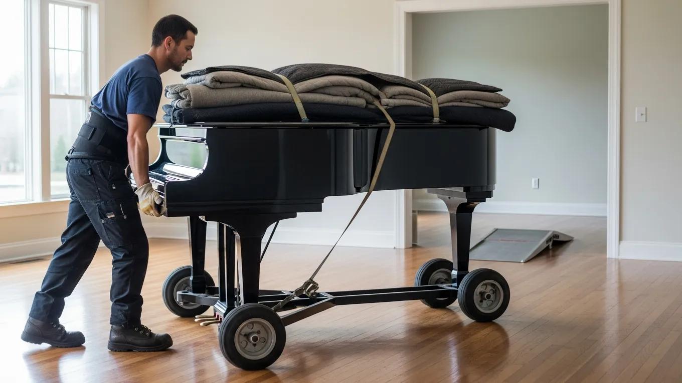 Professional mover transporting a grand piano with a dolly, emphasizing safe moving techniques