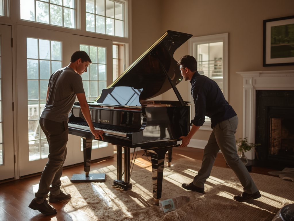 Two people are carefully moving a black grand piano, a classic example of special items moving, across a sunlit living room with large windows, wooden floors, and a fireplace.