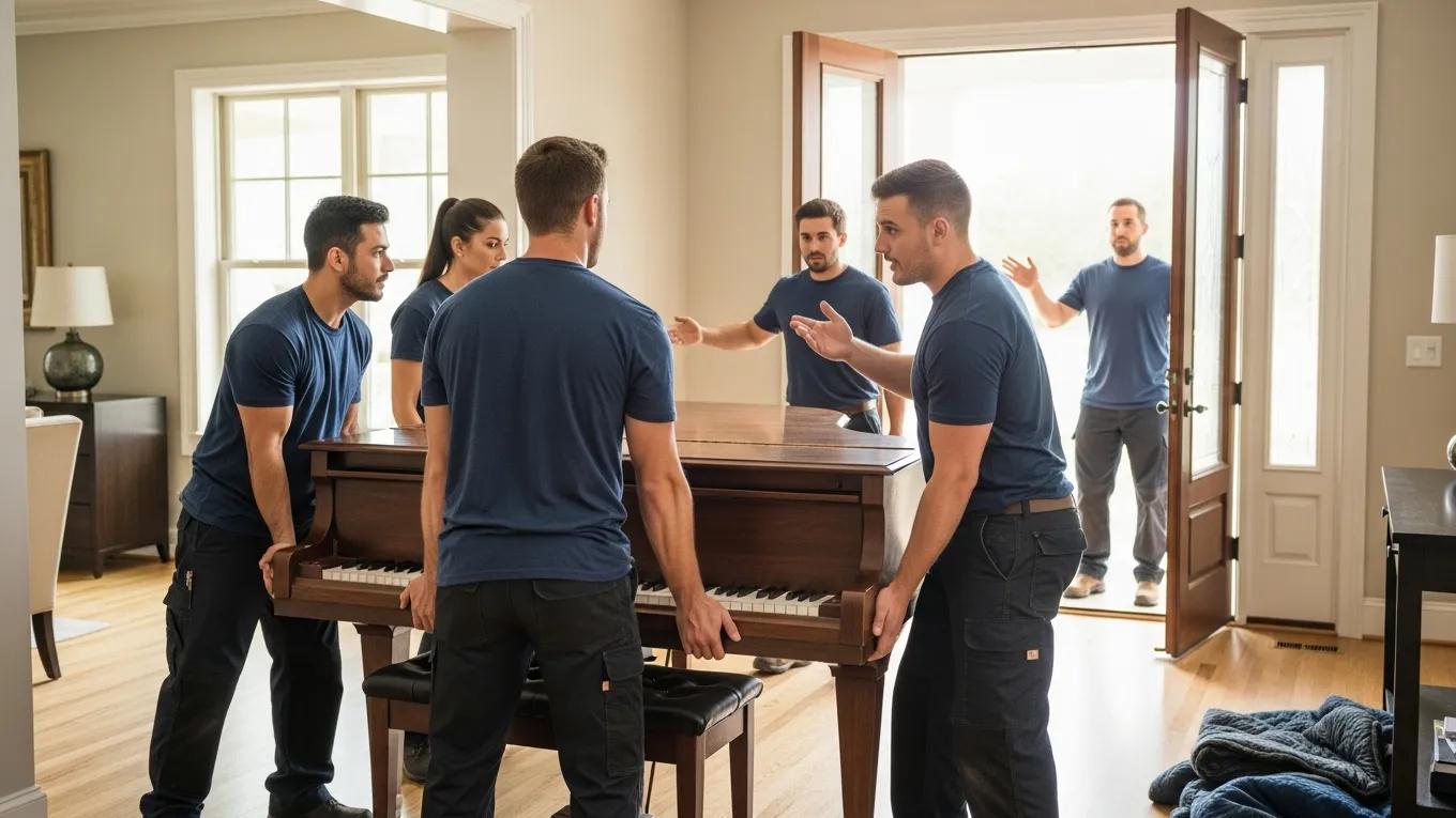 Team of professional movers coordinating to safely handle a piano during transport